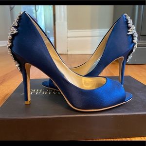Badgley Mischka Nilla Embellished Peep toe Heels in Navy Satin